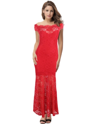 Red Lace Elegant Fishtail Maxi Party Gown