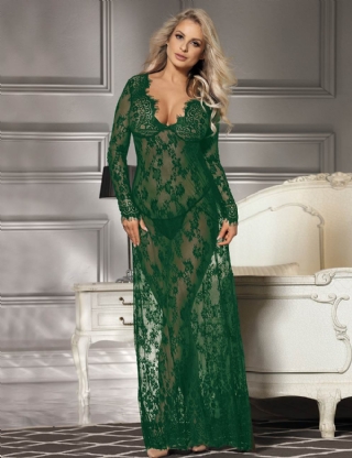 Green V Neck Sexy See-through Long Nightdress With Thong