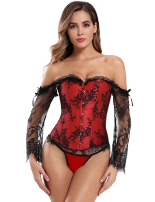 12 Pieces Plastic Bones Sexy Lace Sleeves Stitching Red Corset