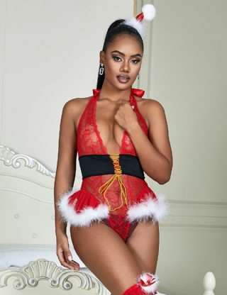 Sexy Red Christmas Type Lace Halter Teddy Lingerie