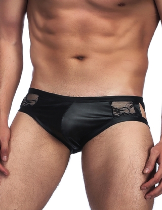 Mens Black Leather Low Rise Sexy Briefs