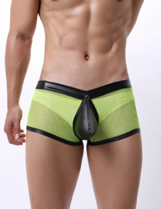 Green Sexy Mesh Openable Crotch Imitation Leather Men's Boxer Underwear