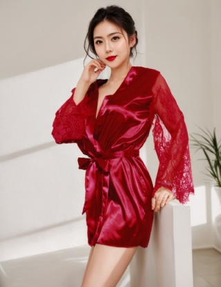 Eyelash Lace Sleepwear Silk Long Sleeves Nightdress with G String