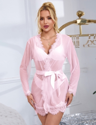 Sexy Pink Sheer Lace Trim Robe With G-String