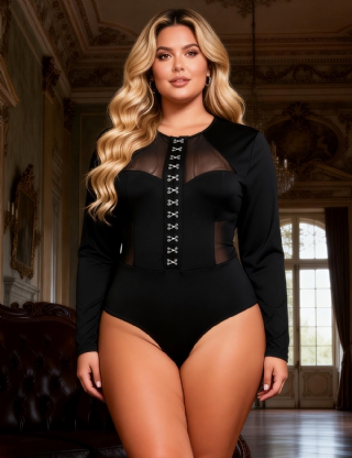 Black Sexy Swim Cloth And Mesh Long Sleeves Open Crotch Bodysuit