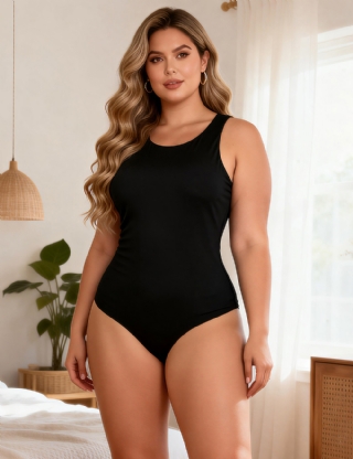 Black Simple Sleeveless Open Crotch Bodysuit