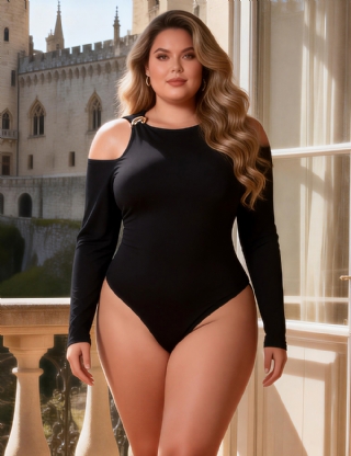 Black Sexy Round Neck Off-Shoulder Long Sleeve Form-Fitting Open-Crotch Bodysuit