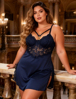 Blue Sexy Modal Lace Slit Nightdress