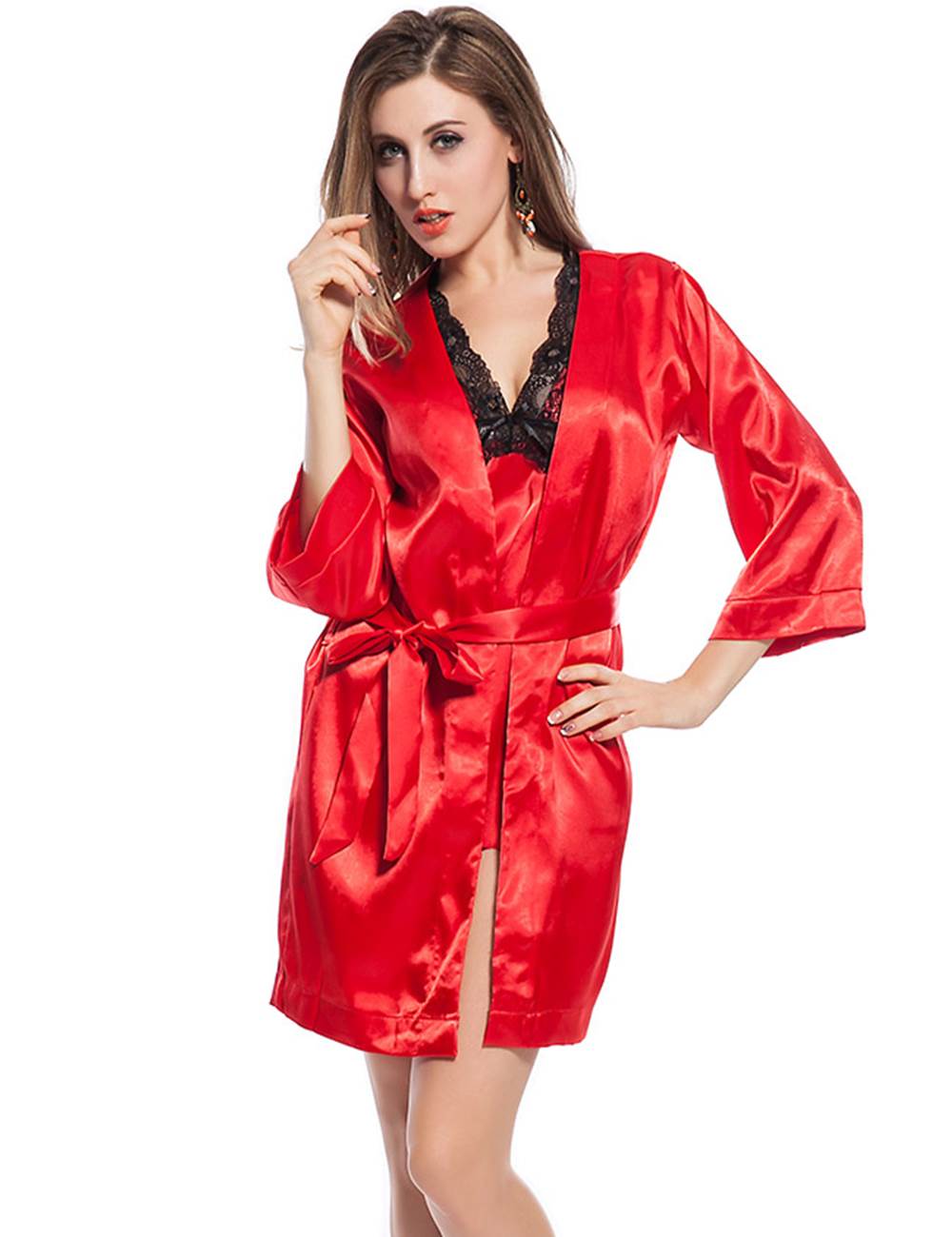 China Cheap 2pcs Seduce Slip Satin Sleepwear Red Robe Set