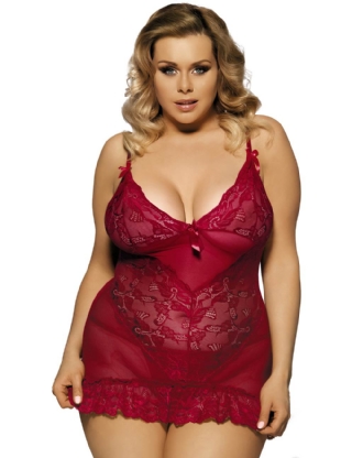 Dark Red Deep V Neck Plus Size Lace Sexy Slim Sleepwear With Thong 