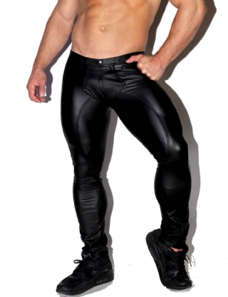 Men‘s Leather Sexy Crotch Opening Long Trousers