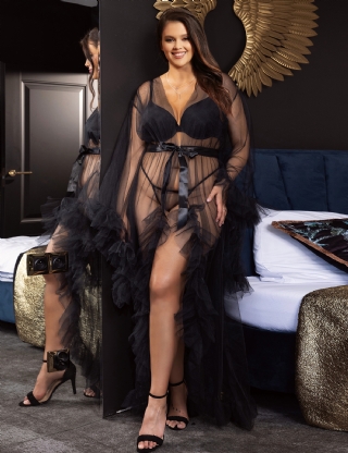 Long Black Sexy Ruffled Trumpet Sleeves Robe With Belt