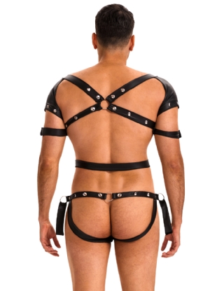 Black Sexy Faux Leather Harness Zipper Men Bodysuit Lingerie