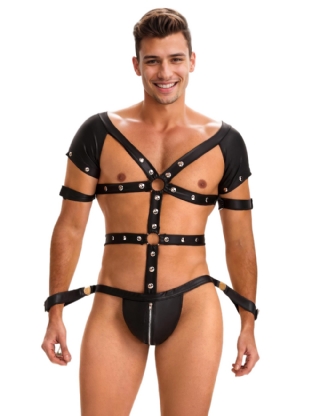 Black Sexy Faux Leather Harness Zipper Men Bodysuit Lingerie