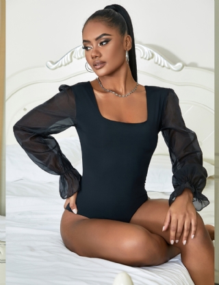 Black  Long Sleeve Openable Crotch Mesh Bodysuit