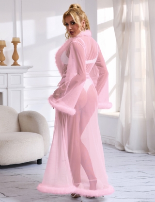 Pink Sexy Mesh Imitation Mink Fur Trim Long Robe With Belt