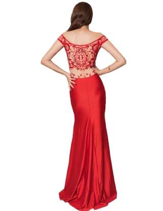 Red Gorgeous Off Shoulder Embroidery Evening Dress