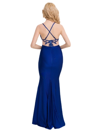 Blue Embroidery Elegant Slit Evening Dress