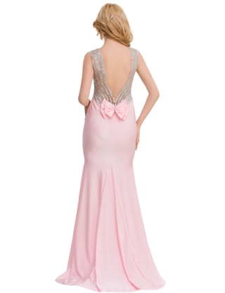 Pink Open Back Strap Ruffle Evening Dress