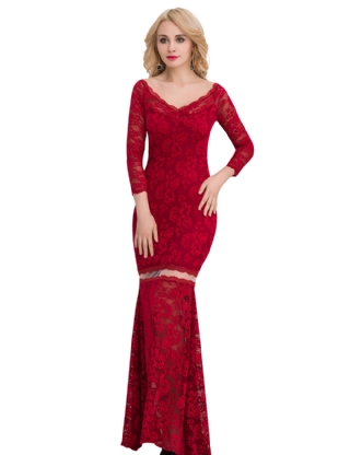 Red Lace Long Maxi Dress with Sleeves