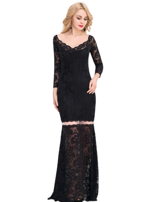 Black Lace Long Maxi Dress with Sleeves