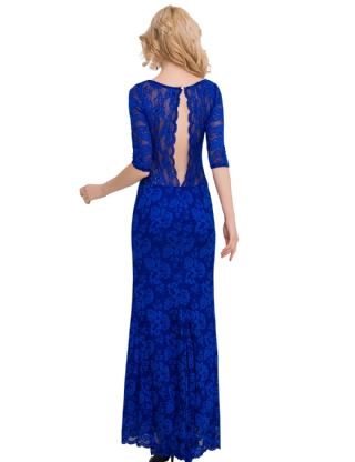 Royal Blue Lace Floral Long Party Dress