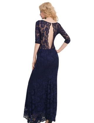 Navy Blue Lace Floral Long Party Dress