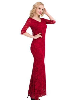 Backless Half Sleeve Red Long Dress