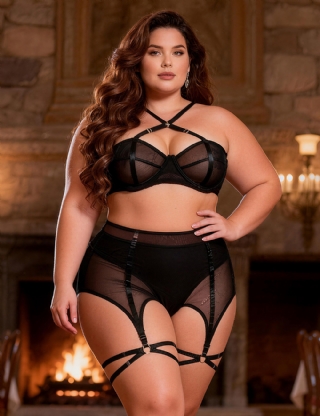 Black Mesh Underwire Garter Lingerie Set