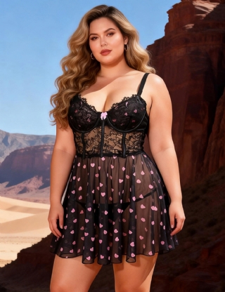 Black Sexy Heart Printed Lace Mesh Push Up Nightdress