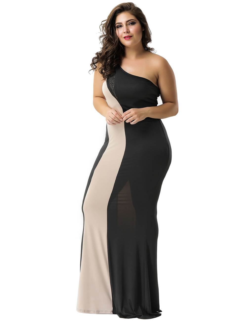 Stylish Wholesale Black And Nude One Shoulder Maxi Dress
